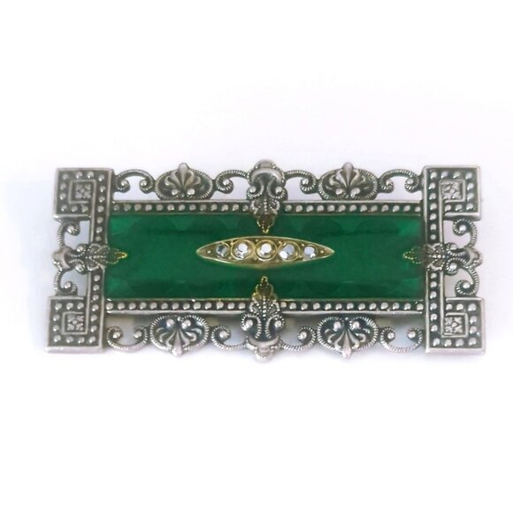 Vintage Catherine Popesco Rectangular Silver Tone Green Brooch Art Deco Nouveau - Picture 1 of 4